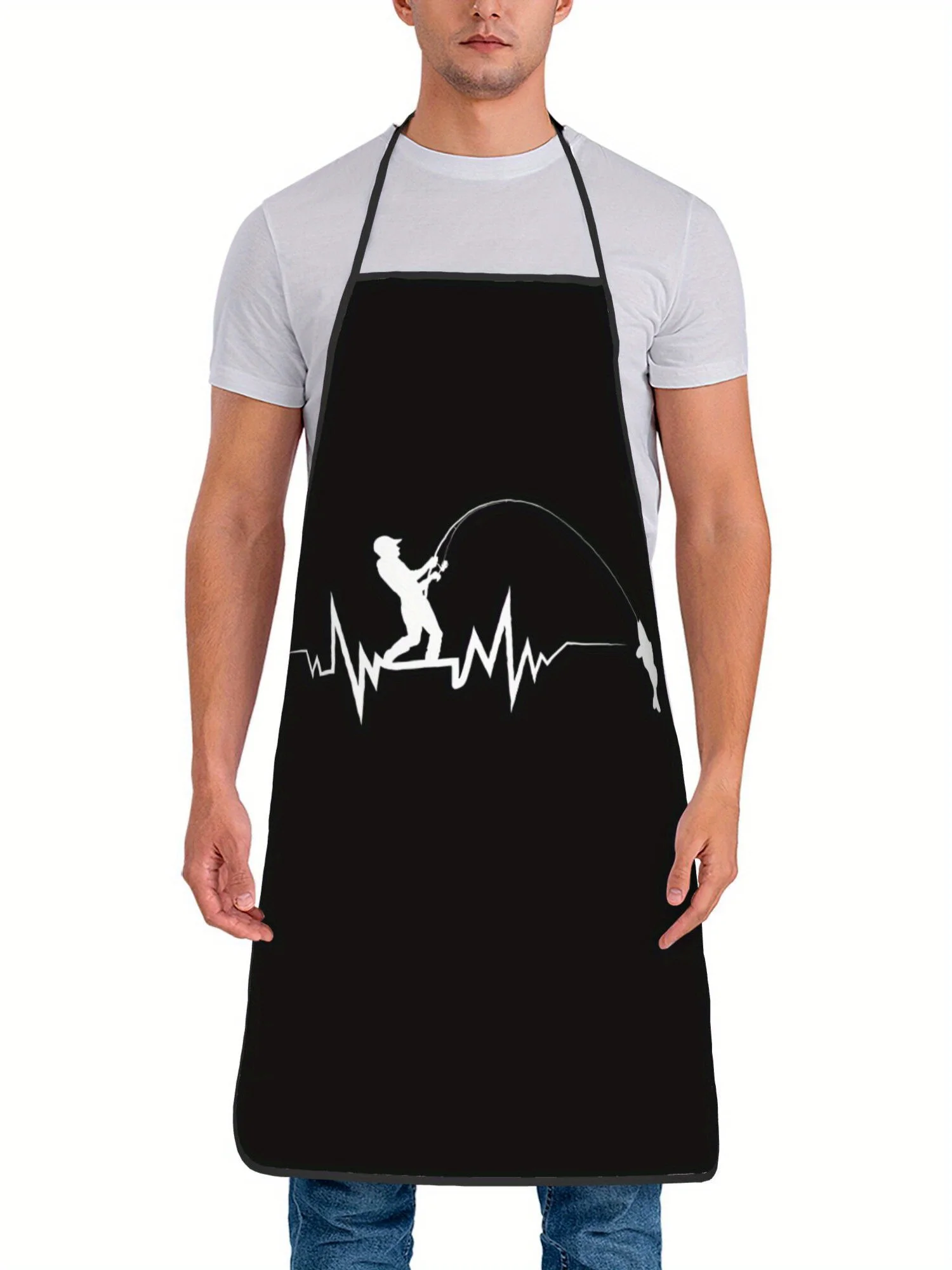 Fishing Heartbeat Apron, Silhouette Angler Graphic Cooking Bib, Outdoor Hobby Kitchen Decor, Gift for Fisherman Dad