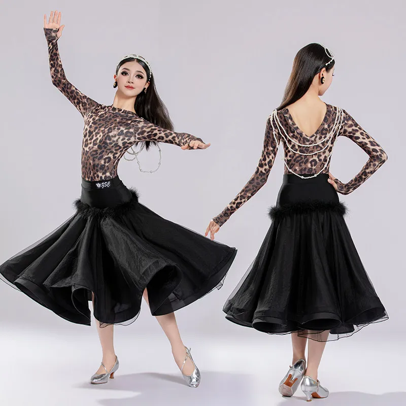 

2026 Kid National Standard Dance Clothing For Girls Leopard Print Bodysuit Big Swing Skirts Suit Ballroom Dance Costumes DN23389