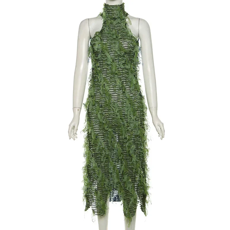 Prowow Mode Groene Halter Damesjurk Sexy Backless Zomer Vrouwelijke Verjaardagsfeestje Slijtage Kwastje Vloeiende Maxi-outfits