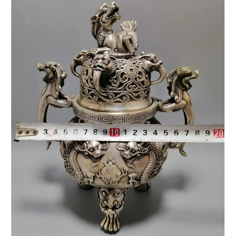 Wholesale White Copper Silver Plated Two Dragons Are Playing with a Pearl Incense Burner Collection Ornament Decoration Craft