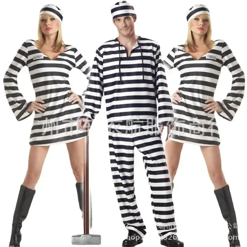 Halloween Cosplay Anime Costumes Classic Stripes Prisoner Stage Costumes Performance Costumes Men and Women Prison Uniforms