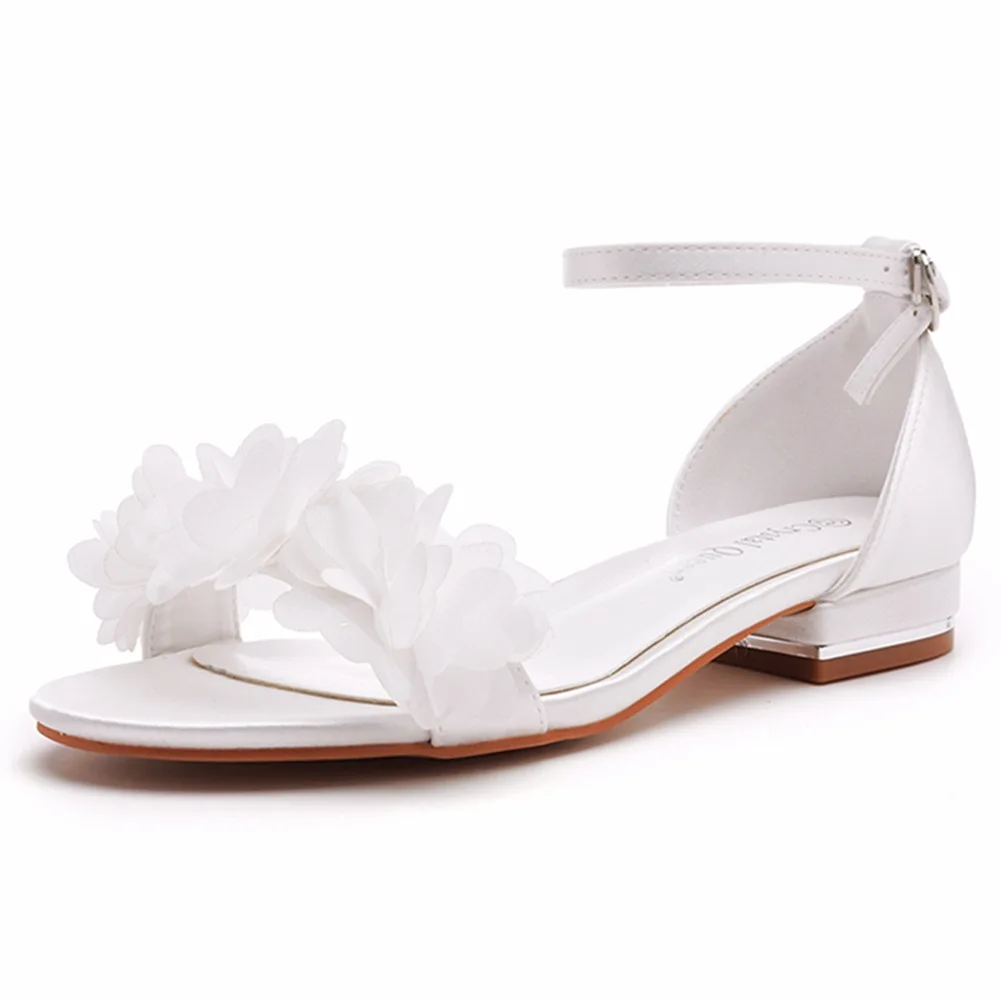 2cm square heel shallow mouth straight strap buckle sandals ivory white silk satin fabric bridal white flower sandals for women