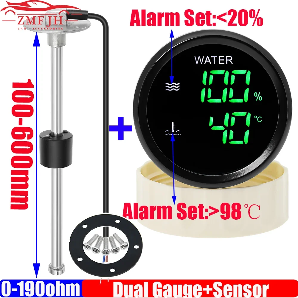 52mm Dual Gauge+Water Temp Sensor+Water Level Sensor 0-190 ohm Digital Water Tank Indicator/Water Temp Meter with Alarm Custom