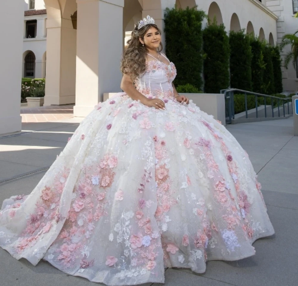 

EVLAST Pink Quinceanera Dress Spaghetti Floral 3D Flowers Appliques Beading Ball Gown Corset Sweet 16 Vestido De 15 Anos TQD067