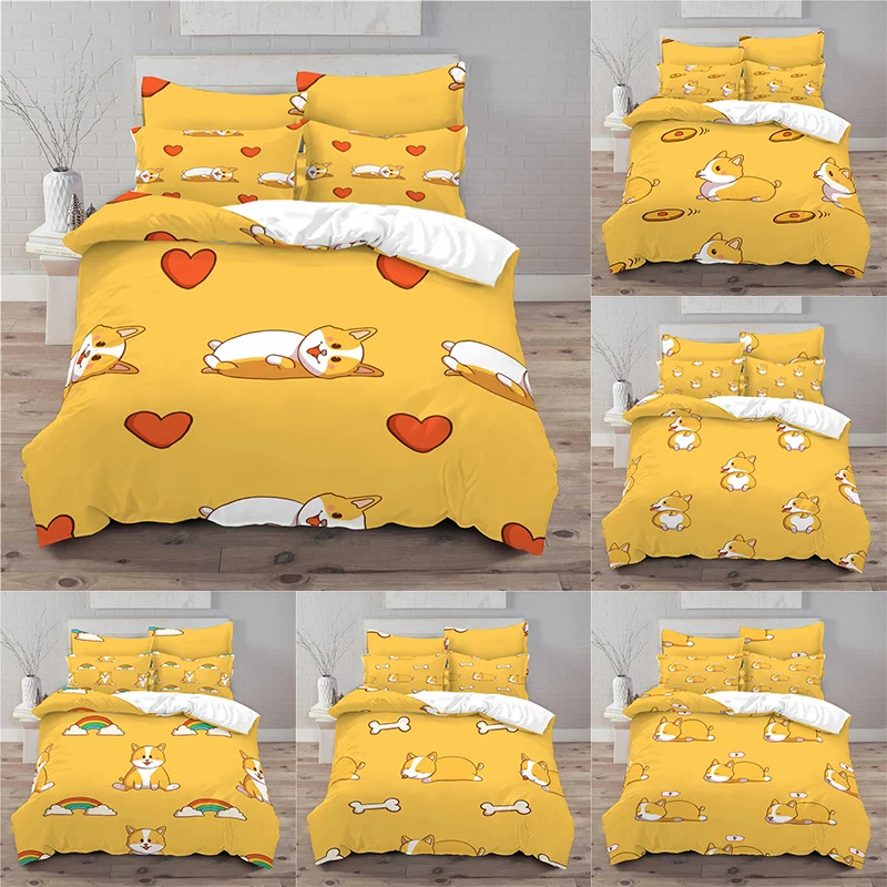 Bedding Sets Luxury 3D Cartoon Corgi Print 2/3Pcs Kids Aldult Duvet Cover Pillowcase Home Textile Single/Queen/King Size Bedding