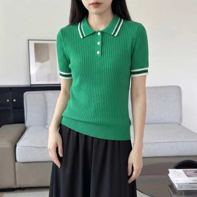 Women's 100% Pure Cotton Short Sleeve Polo Shirt Slim Fit Summer T-Shirt Fashion Contrasting Color Striped Top Slimming Vest