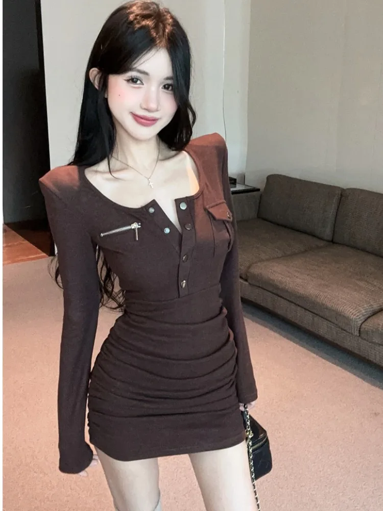 

Winter Fleece Metal Buckle Pocket Design Spicy Girl Wrap around Skirt Women's Slimming Long Sleeve Dress Underwear Ensemble