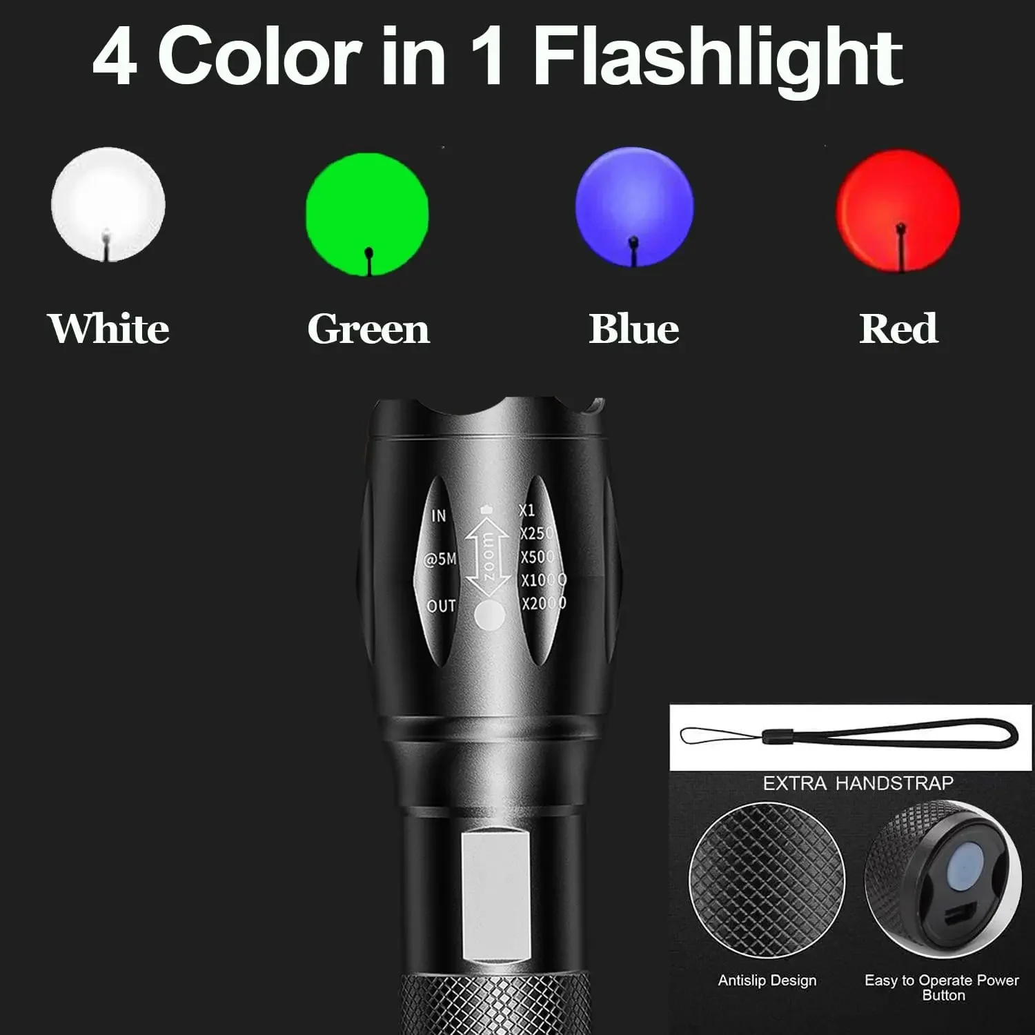 Multifunctional LED Flashlight White Red Blue Green Blue Light 4 Colors in 1 LED Flashlights 4 Modes Zoomable Rechargeable Torch