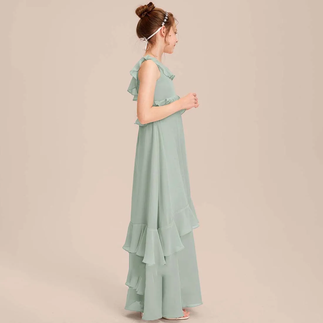 YZYmanualroom Chiffon Junior Bridesmaid Dress With Cascading Ruffles A-line Scoop Floor-Length 2-15T