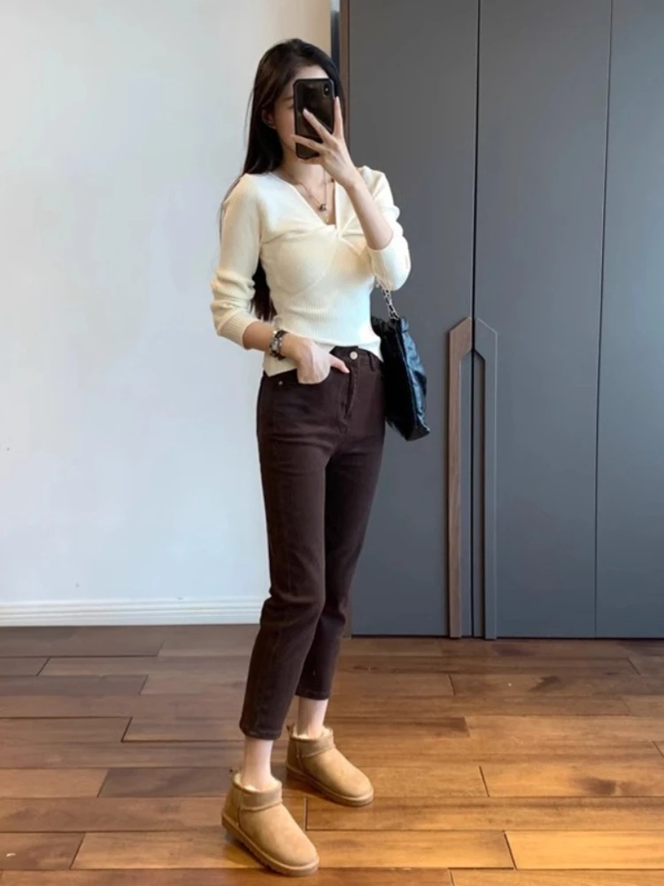 Autumn Winter Women's Knit Pullover Hooded Slim Fit Sexy Long Sleeved Sweater Elegant Temperament Solid Color Female Clothing