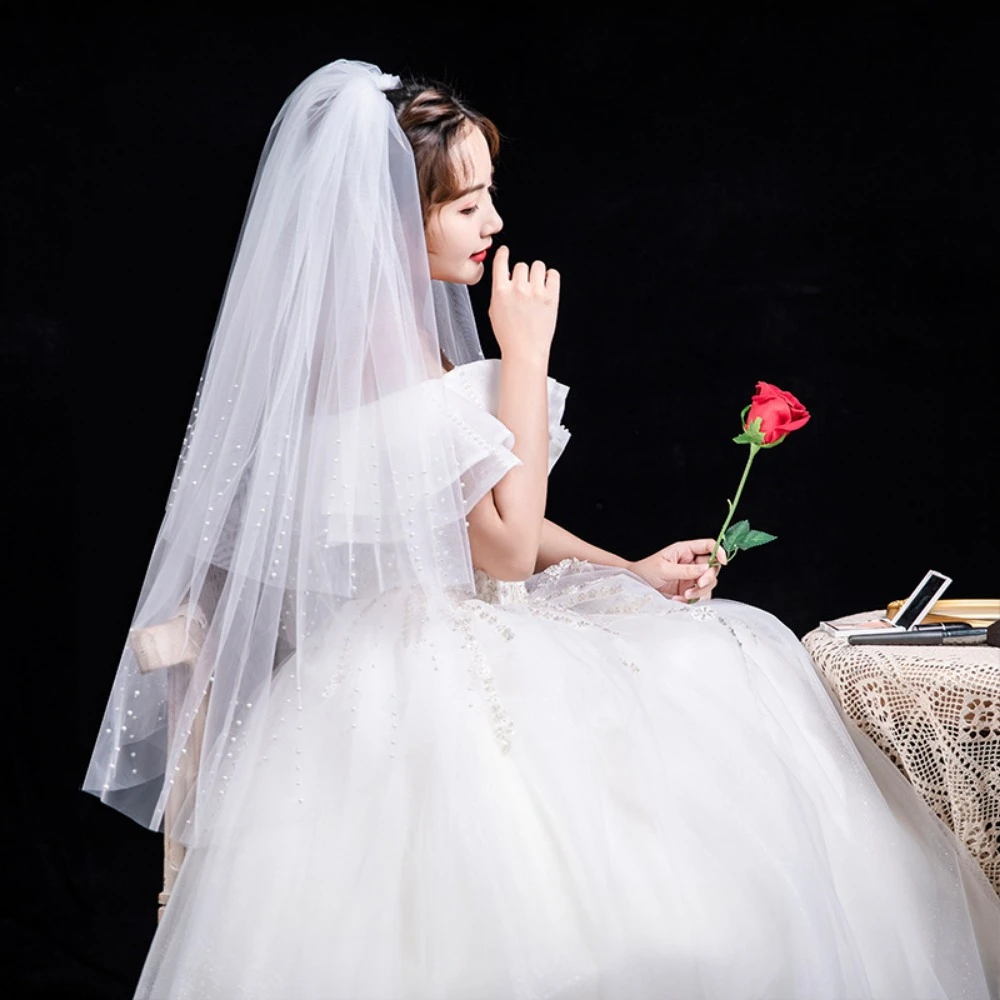 Свадебная фата из мягкого тюля с бисером, простая красивая фата с принтом из бисера, короткая свадебная фата на плечо, аксессуары для невесты