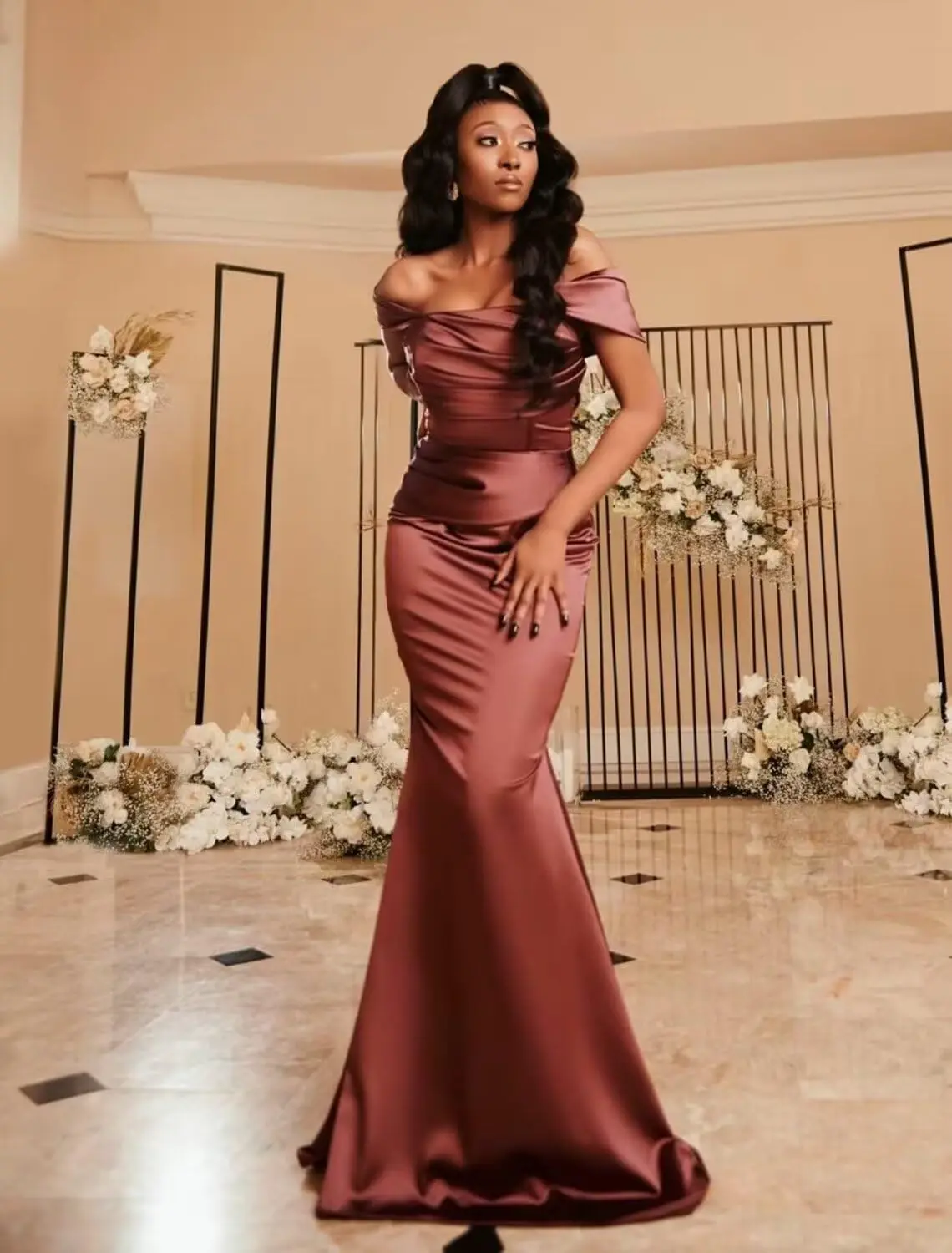 

Off The Shoulder Satin Bridesmaid Dresses Mermaid Wrap Wedding Guest Dress for Women