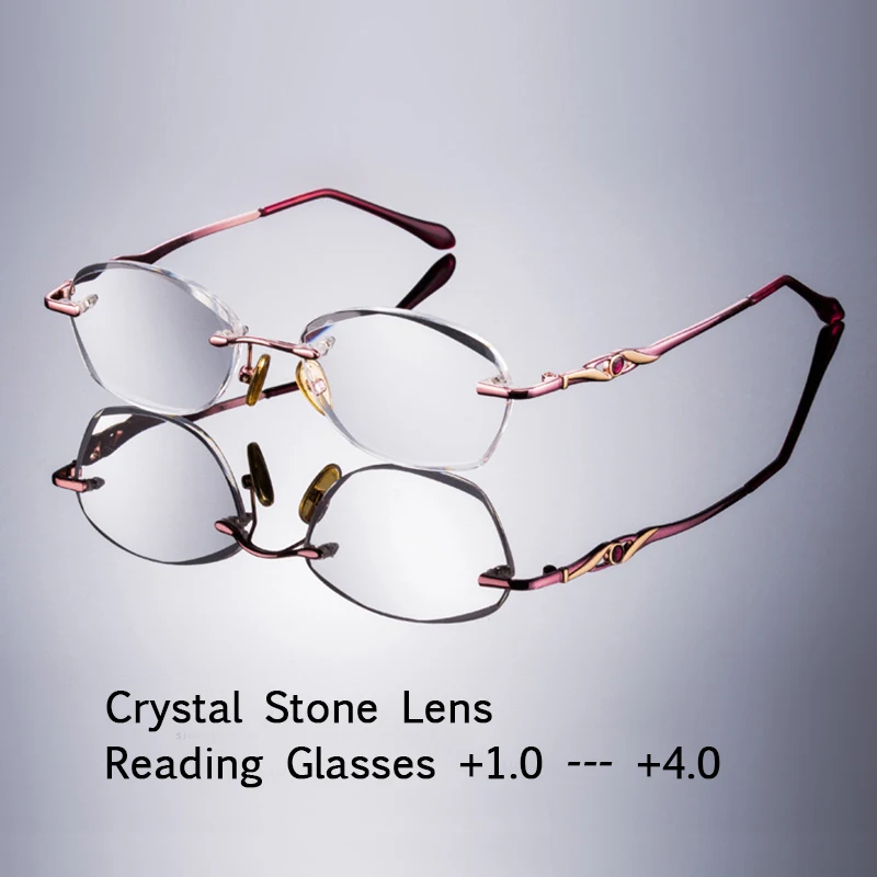 

Crystal Rimless Glass Oval Reading Glasses Women Natural Stone Presbyopic Diopter Titanium Frame +1.0 +2.0 3.0 +4.0