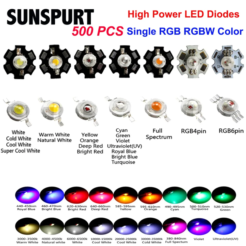 

500pcs1W 3W High Power LED Diodes Cold / Warm White/Red/Green/Blue/Yellow 660nm 445nm Plant Grow Light Source With 20mm Star PCB