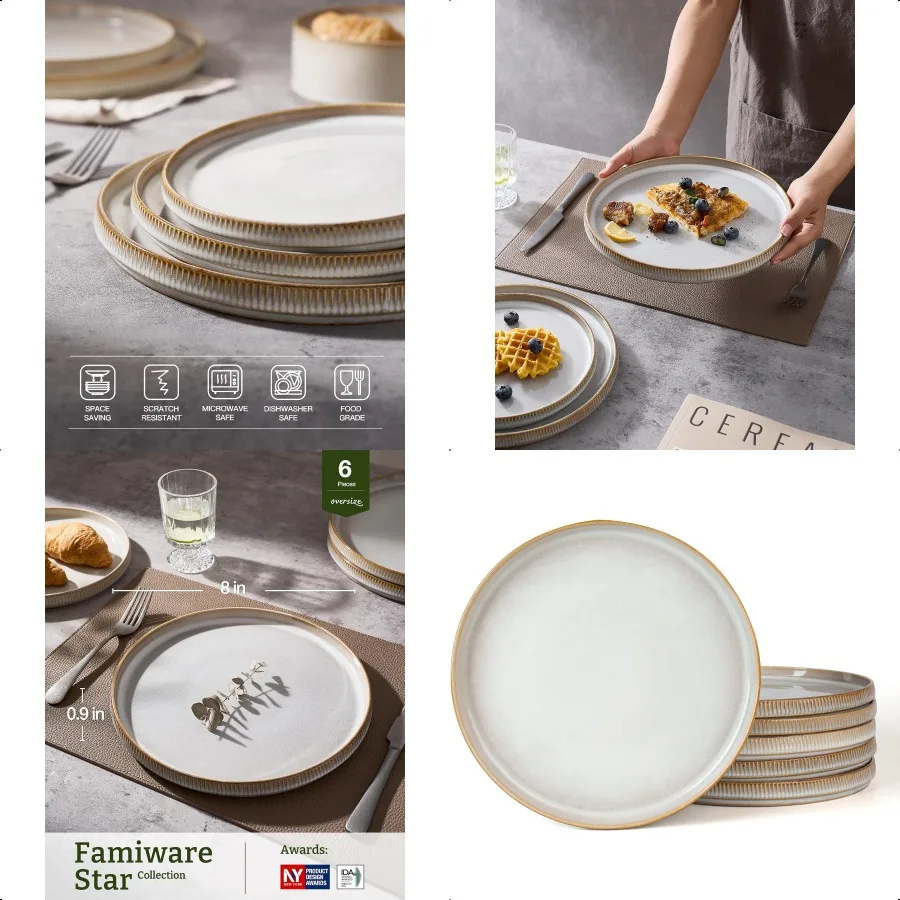 Platos para ensalada de estrellas para juego de platos de 6 y 8 pulgadas, vajilla de gres, platos pequeños para ensalada de dátiles, aperitivo, capuchino, color blanco