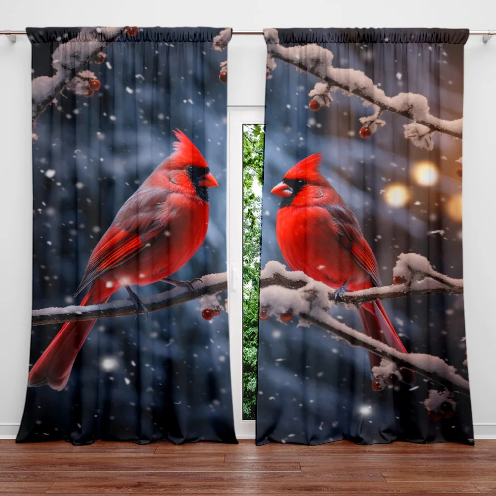 Large Printed Curtains Cardinal Birds Nature Snow Winter Window Curtain Home Decoration Room Drapes Art Print Blinds Window