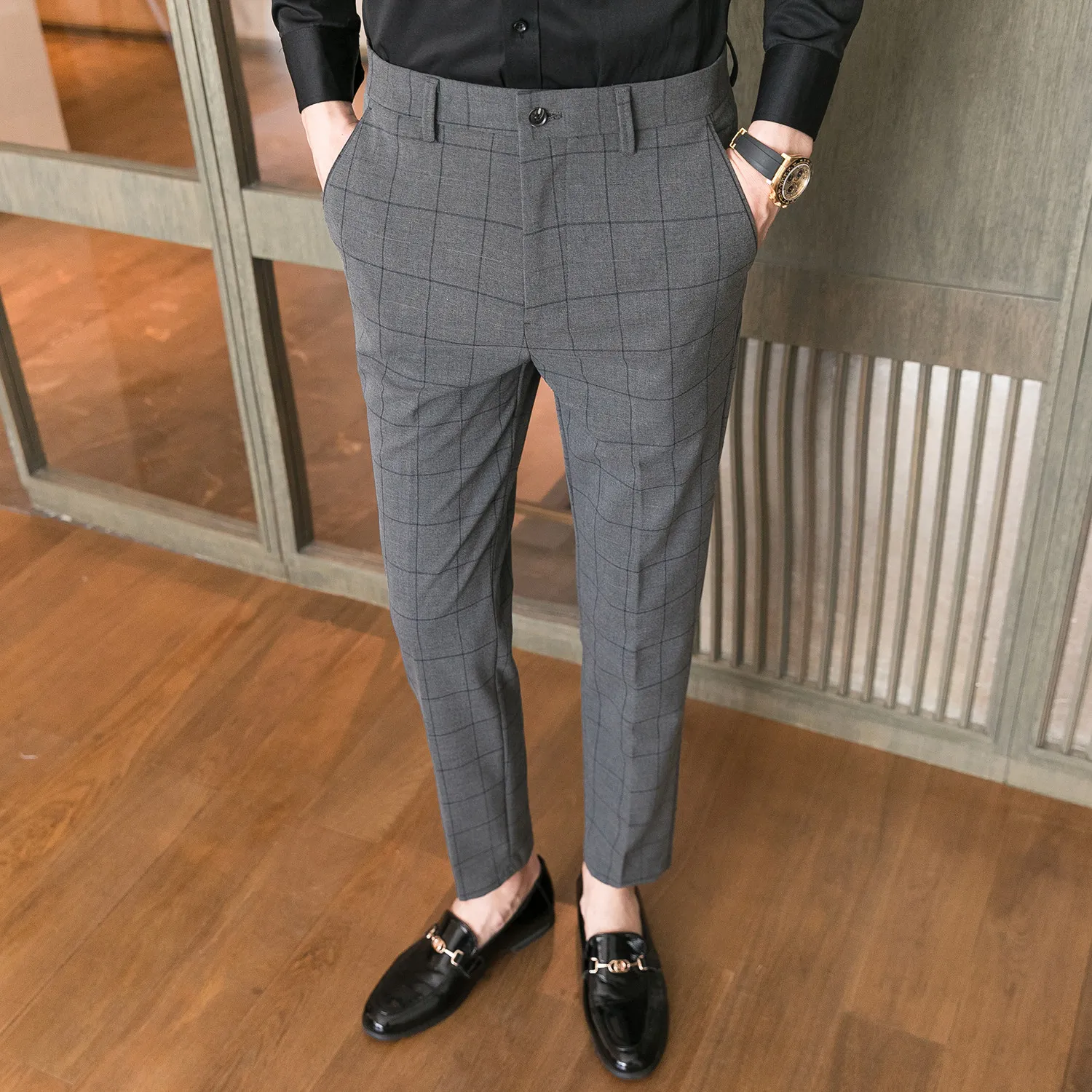 

Men’s Business Casual Plaid Trousers, Slim Fit British Style Cropped Dress Pants, Korean Fashion, Spring