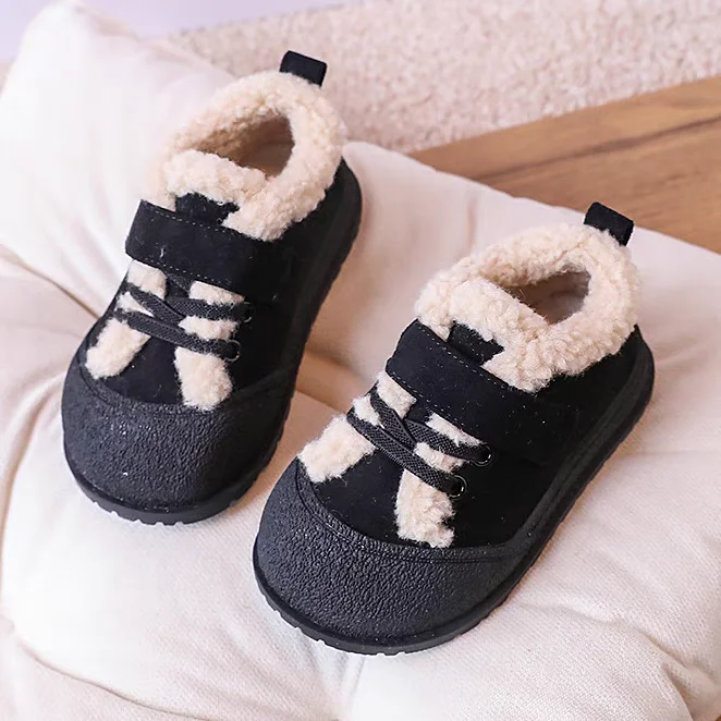 Girl Cotton-padded Shoes Winter New Velvet Thickened Hook and Loop Boys Leisure Plush Flats Footwear