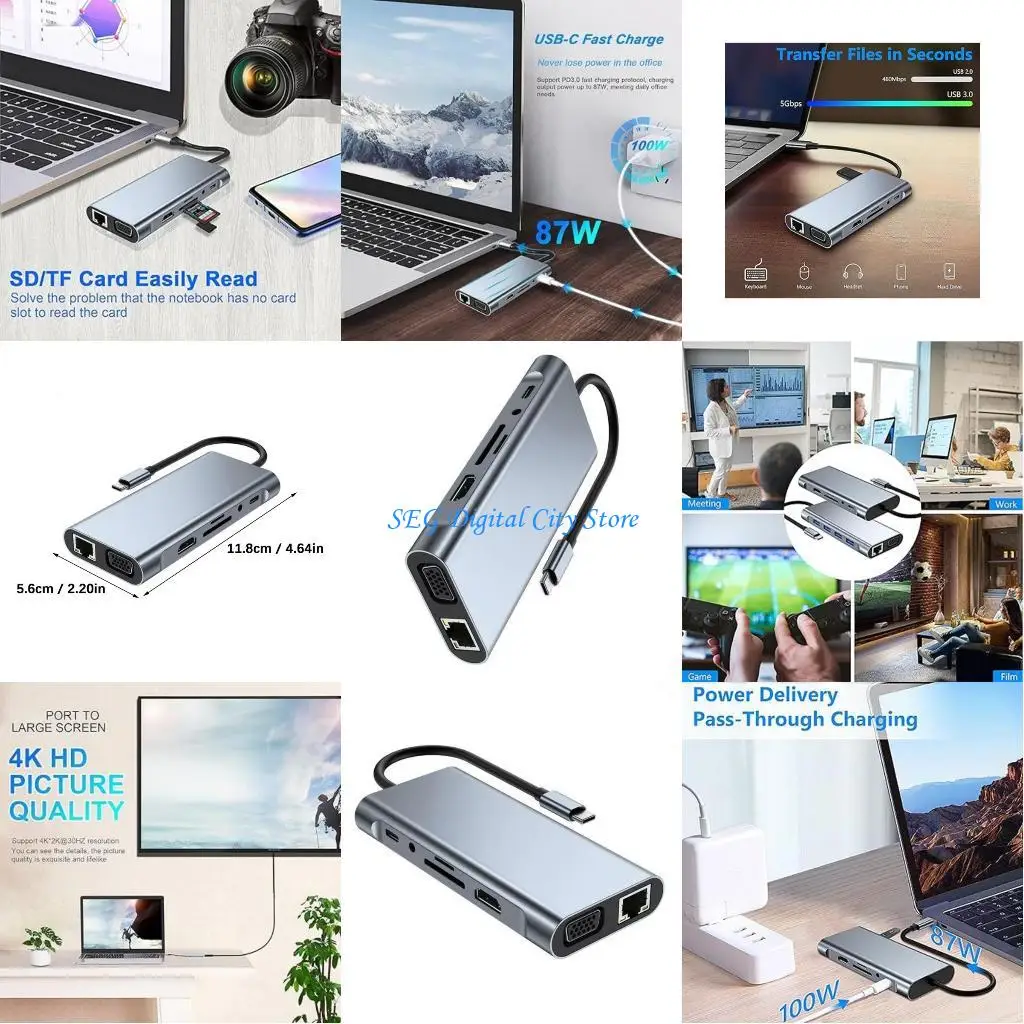 

U75B USB C to HDTV Adapter 11 Port Expansion Dock With RJ45 Ethernet 3.5mm USB3.0 USB2.0 Data Transfer Card Reader 87W