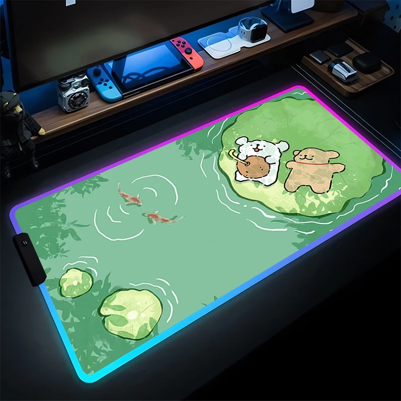LED Mouse Pad Anime Gaming Accessories Carpet Gamer RGB PC Computer Cute Keyboard Pad Cartoon Line Dog Desk Mat Kawaii Mousepad