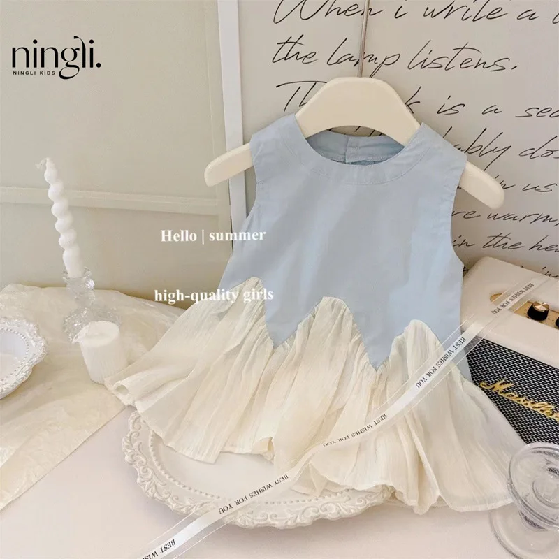 Girls Casual Dresses Korean Vest Ballet Girls Flower Edge Splicing Design Sense Baby Princess Round Collar Fashion 2024