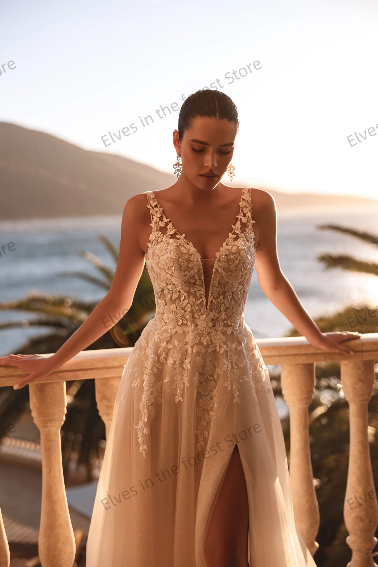 Neue V-ausschnitt Frauen Brautkleider A-linie Applikationen Tüll Brautkleider Angepasst Glamouröse Seite Schlitz Sommer Vestidos De Mariee