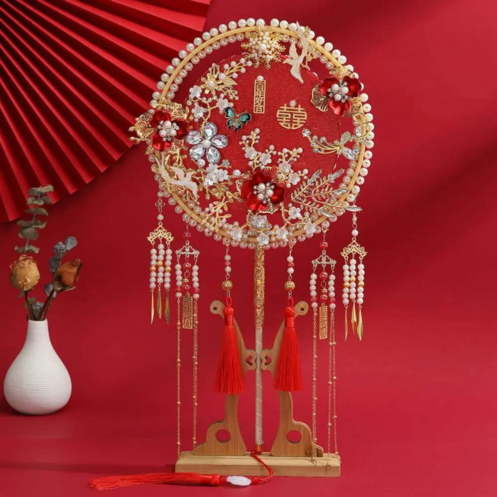 Antique Style Bride Group Fan Handmade Flower Desig Wedding Show Fan Long Handle with Tassel Decorative Fan for Covering Face