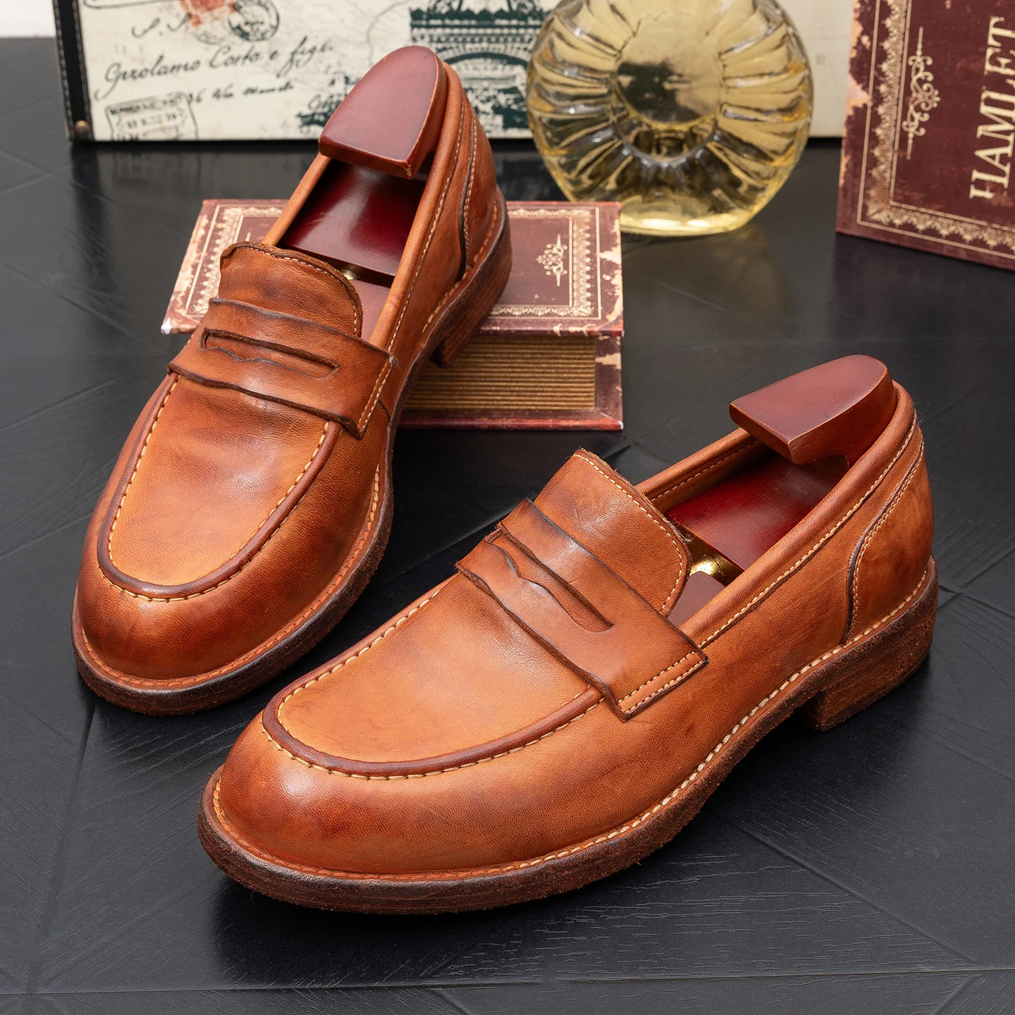 Men's New Washed Horsehide Leather Loafers | Italian High-End Business Dress Shoes | Hand-Rubbed Distressed Leather Sole Oxfords