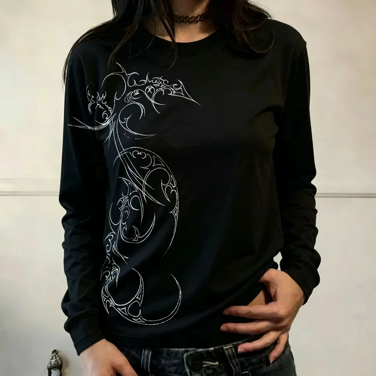 2026 Summer Fashion Unisex Long Sleeve T Shirt Gothic Tribal Line Art Print Crew Neck Loose Casual Streetwear Tops kids