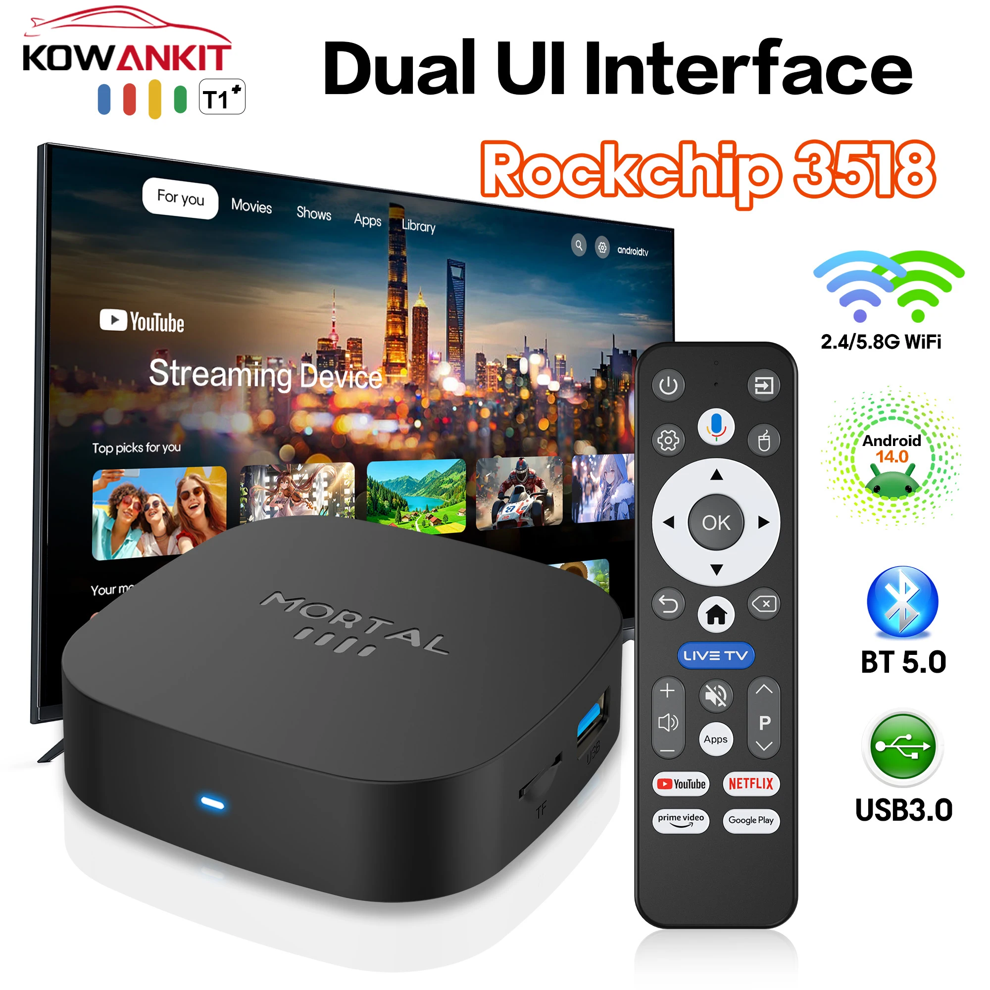 T1+ Smart Android TV Box 4K UHD Dual Band Wifi 2.4G/5G Bluetooth 5.0 Quad Core High Speed Running Media Player Set Top Box
