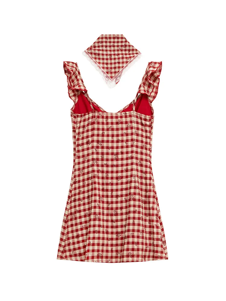 Japanese Prairie Chic O-Neck Flying Sleeve  Mini Dress Women Vintage Plaid Slim A-Line Dress Summer Sweet Sexy One-Piece Frocks