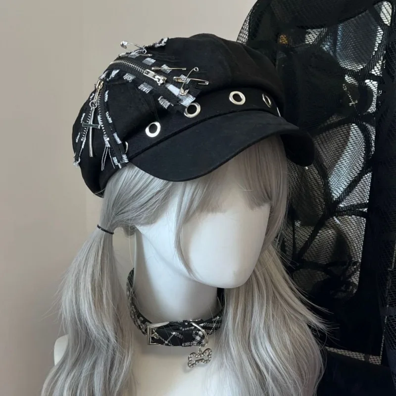 Japanese retro hottie subculture punk style beret Scrap Earth Harajuku zipper sun cap Women's Y2K Goth plaid cross hip hop hats