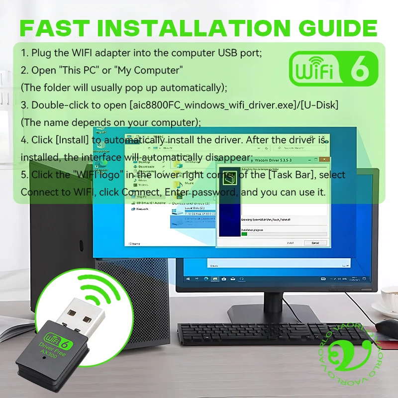 WiFi6 USB ワイヤレスネットワークカード 2.4G 高速 AX300 ドライブフリー ミニ WI-FI アダプター レシーバー ドングル WLAN 286Mbps Win 7/10/11対応