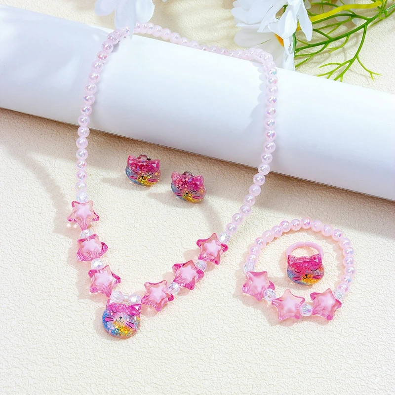 

Серьги-подвески с розовым цветком и котом для девочек, кольцо, ожерелье из бисера, браслет, комплект детских украшений с цветочным принтом ручной работы из пяти предметов