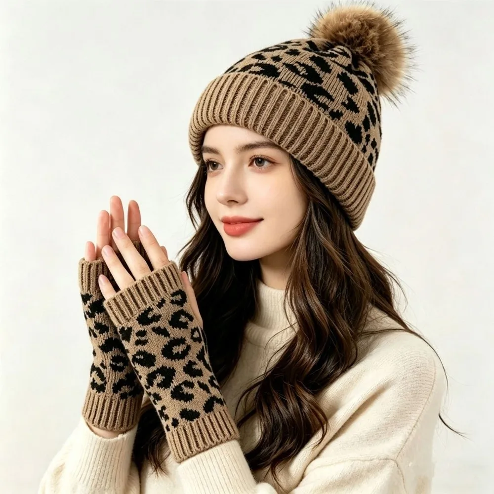 2Pcs/Set Simple Leopard Print Hat Gloves Set Thickened Soft Knitted Beanie Knitted Mittens Pullover Hat Cold Weather