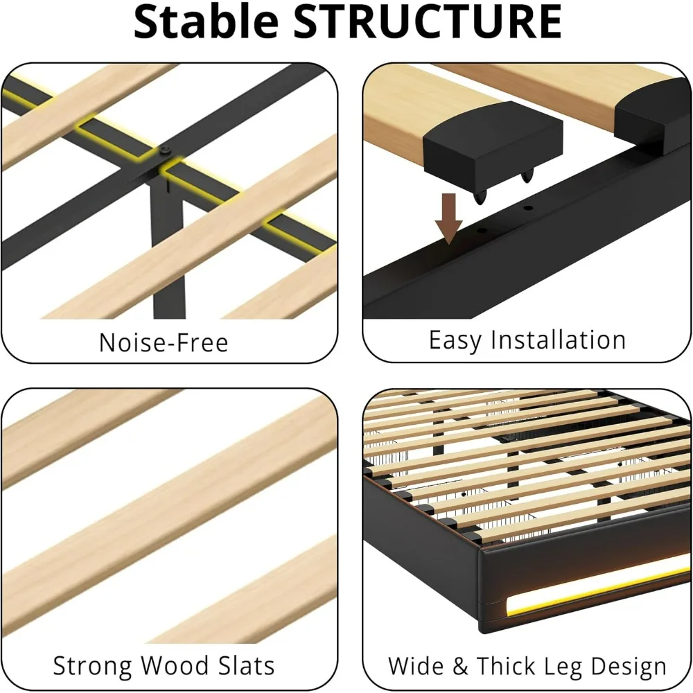 Full Size Bed Frame with LED Light, 4 Drawers, Adjustable Crystal Button Tufted Headboard, PU Leather Platform Bed Frame