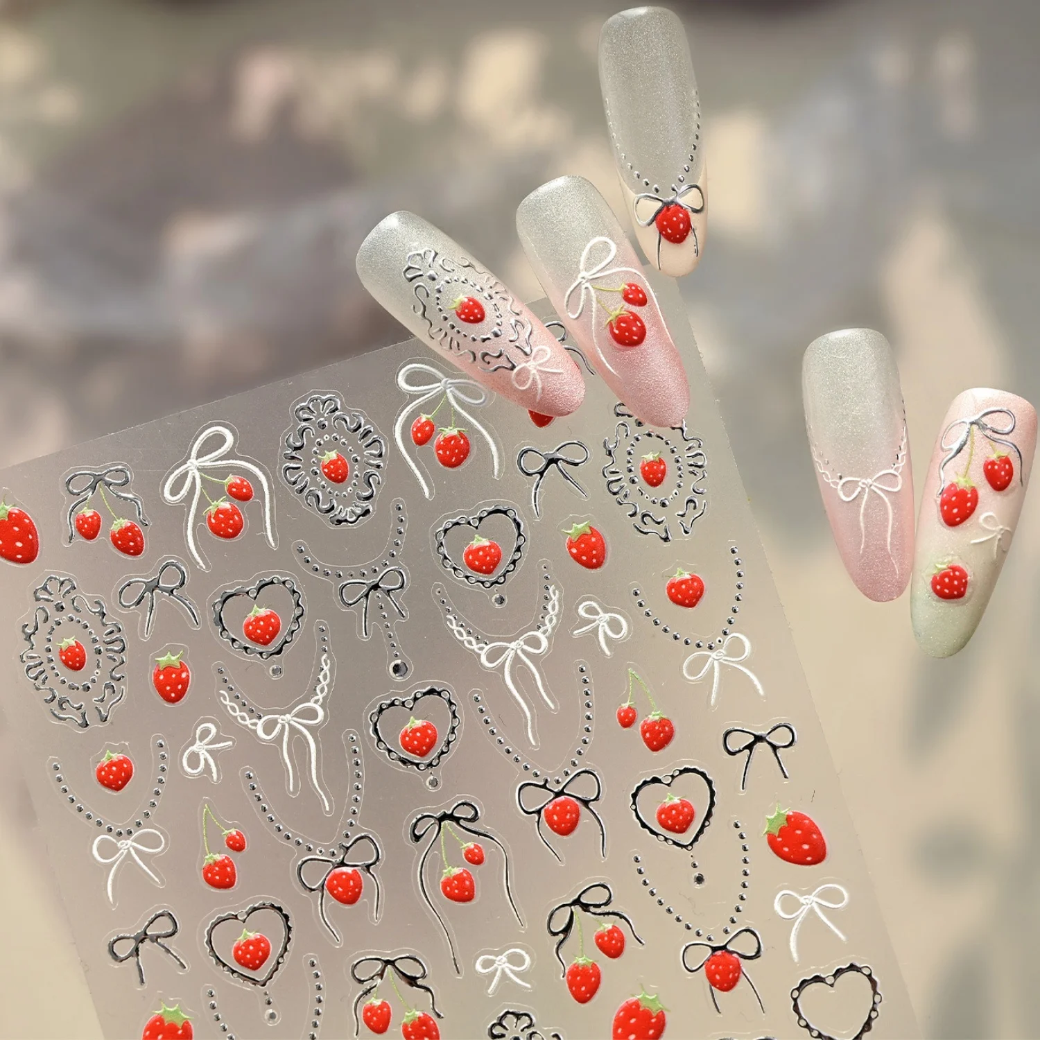 Red Strawberry Silver Chain Love Bow Pearl Necklace Sweet Strawberry 5D Nail Stickers Lolita Bowknot Self Adhesive Nail Decals