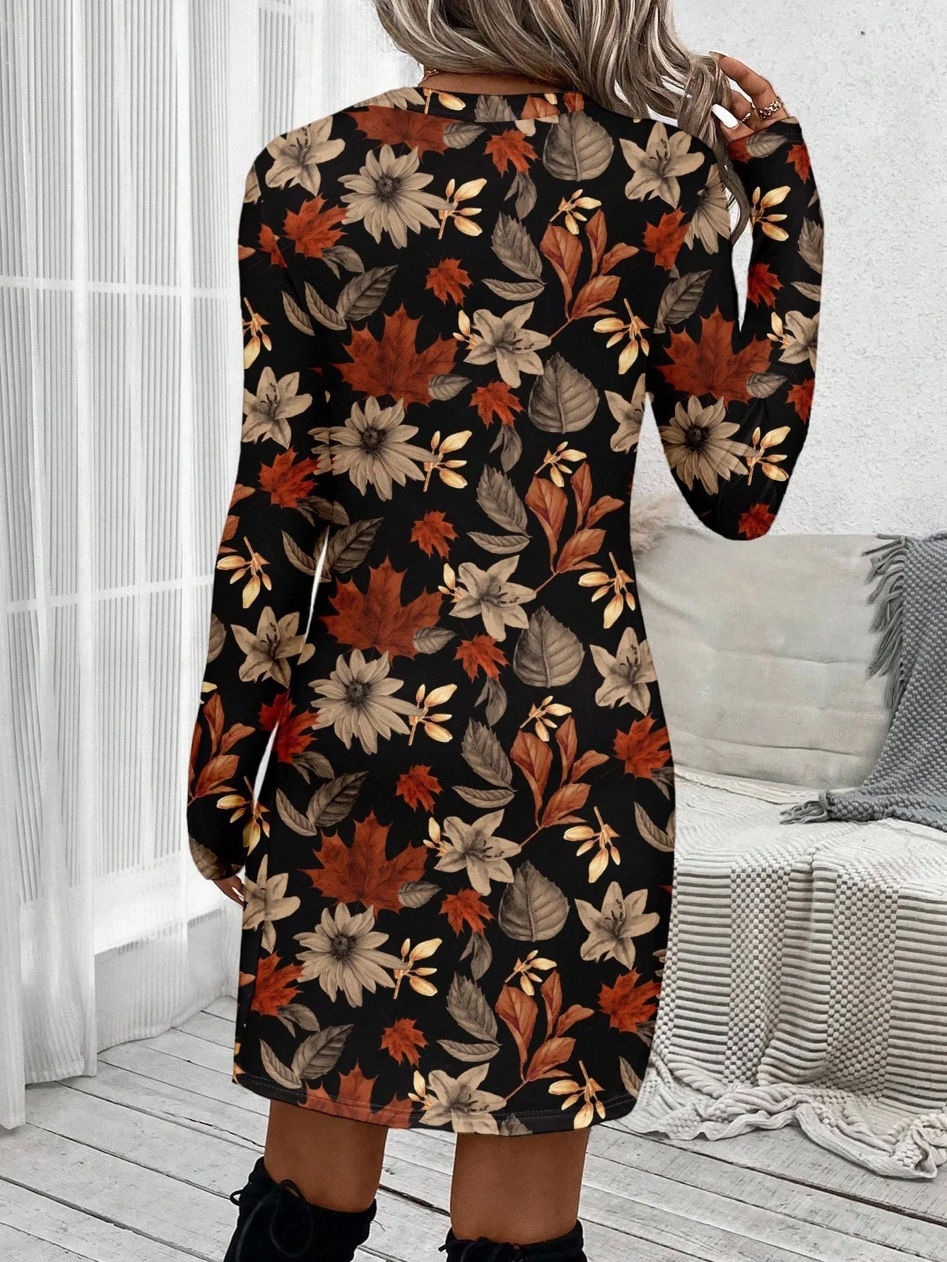 Women's Dress, Maple Leaf Print, Round Neck, Long Sleeve, Slim-fit Midi Elegant Dress