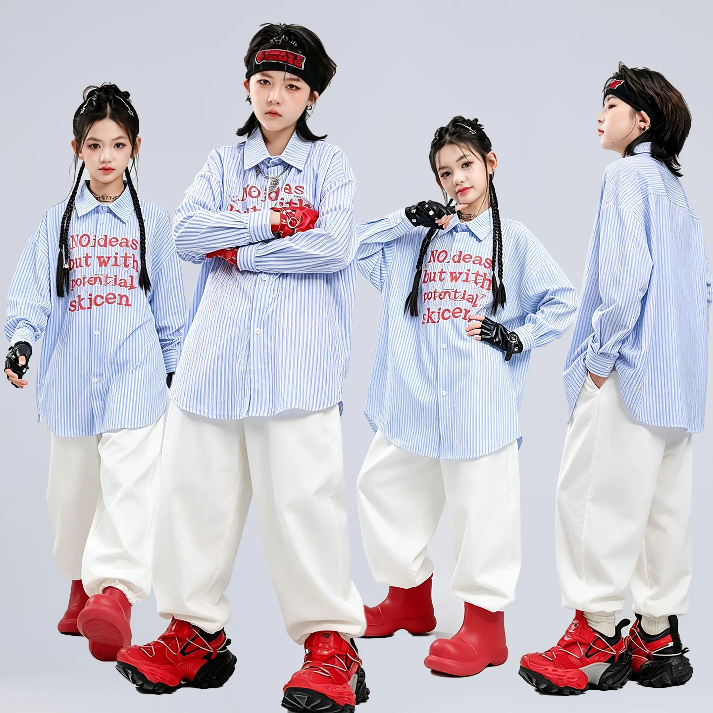 Kid Kpop Hip Hop Clothing Blue Striped Shirt Top white Casual Jogger Pants for Girl Boy Streetwear Jazz Dance Costumes Clothes