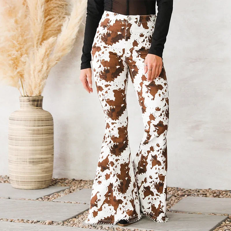 Women's Spring and Autumn Fashion Printed Micro-flared High-waisted Jeans, Slim-fit Bell-bottoms Printed Reach The Ground Jeans