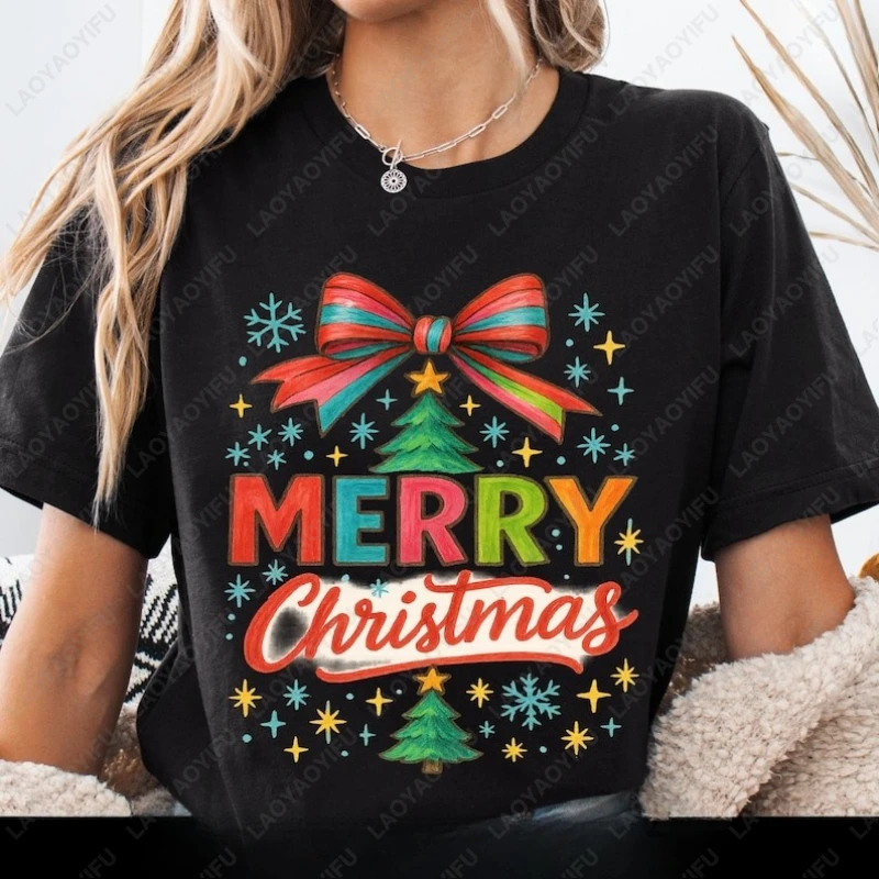 Merry Christmas Hand Drawn Marker Style tshirt Holiday Festive Retro xmas Tree Bow Sublimation design tops men women cotton tees