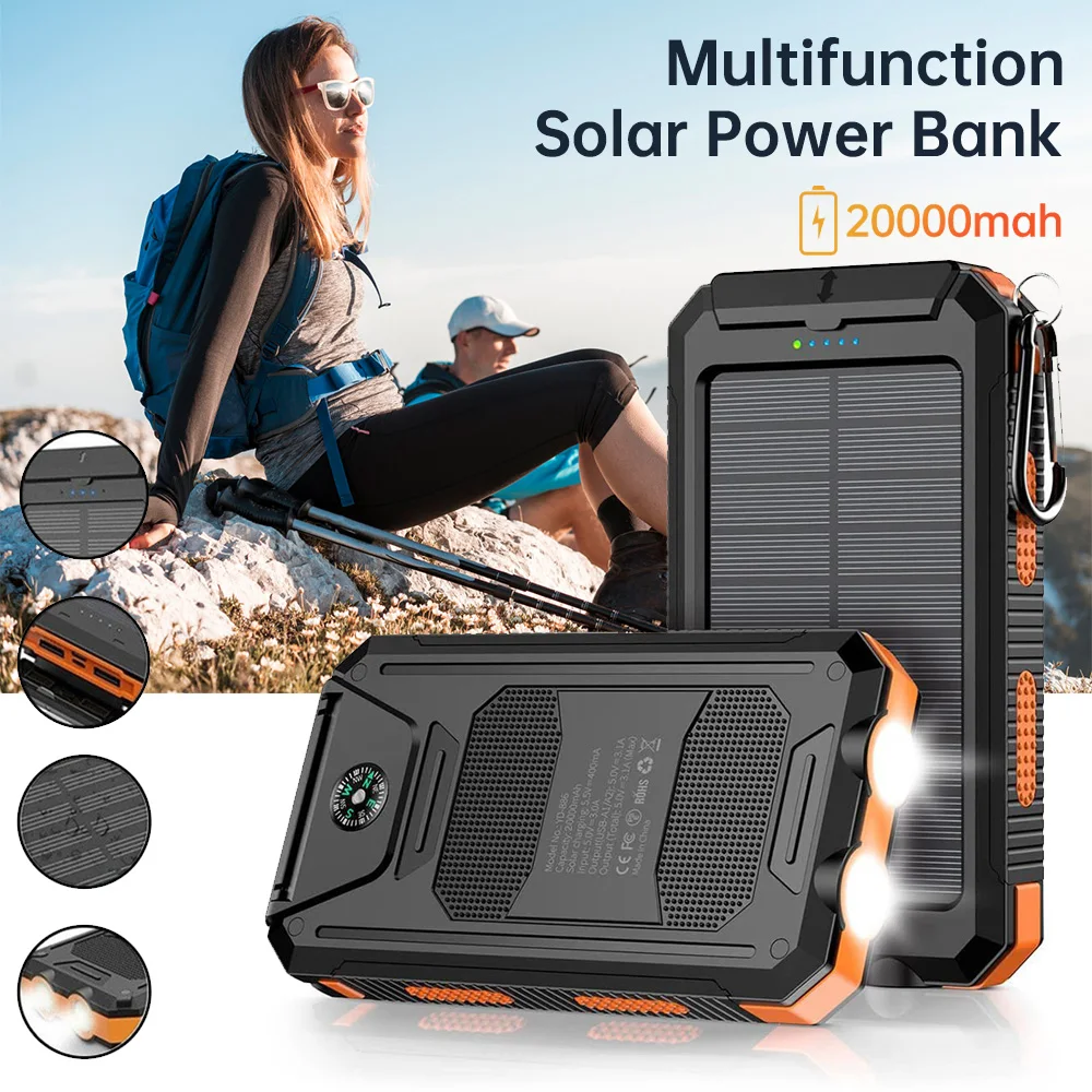 20000mAh Solar Power Bank with LED Flashlight and Compass