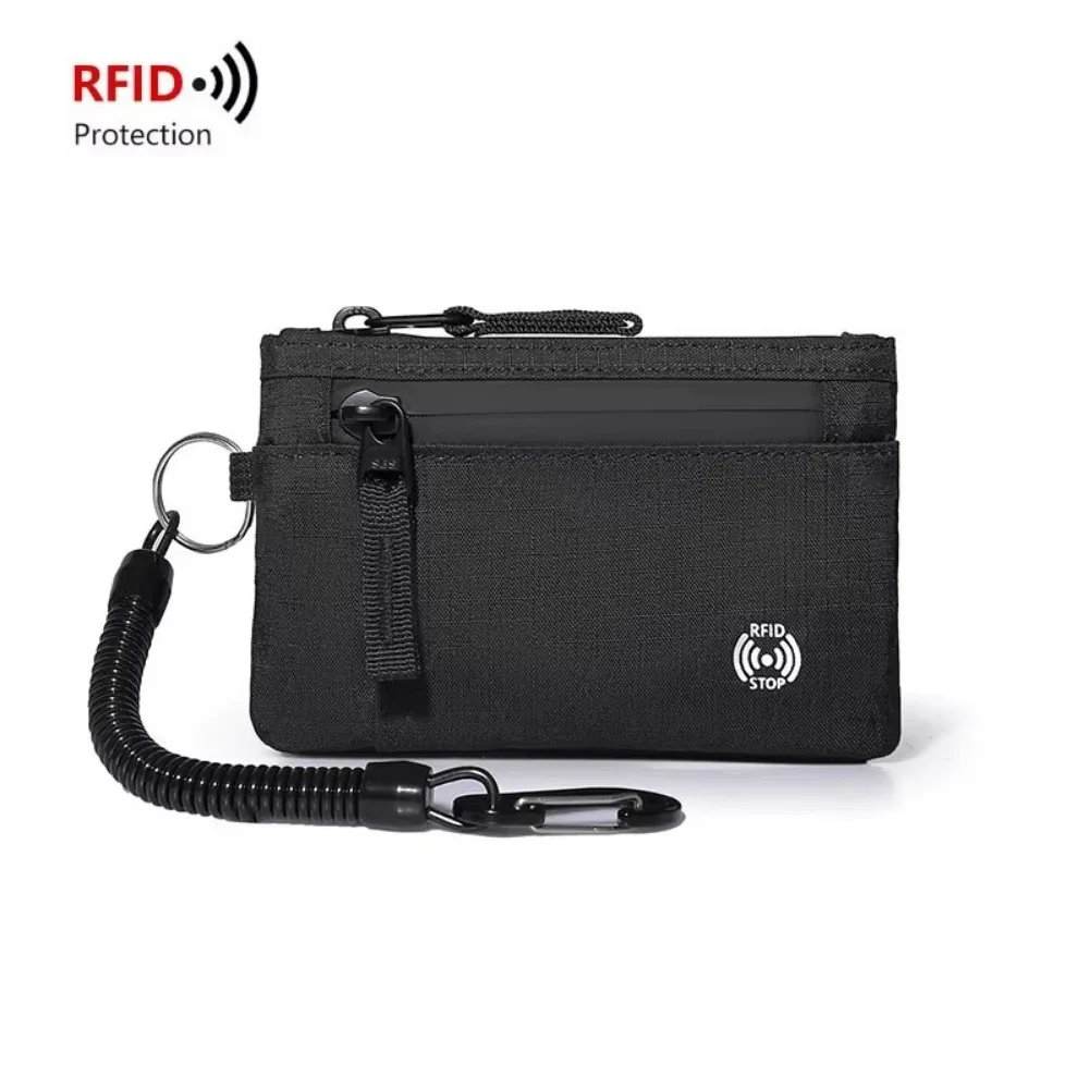 Rfid Credit Card Holder Men Wallets Luxury Nylon Slim Wallet Zipper Key Card Case Male Purse Coin Purse With Carabiner