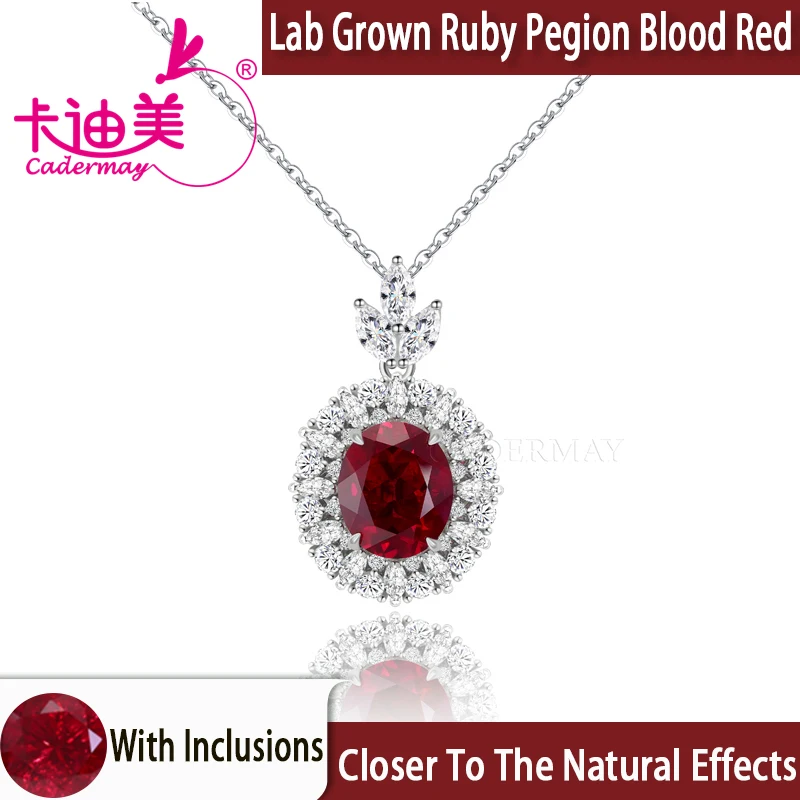 

CADERMAY 10x12mm Lab Grown Ruby Pegion Blood Red S925 Silver Real Gold Chain Necklace For Women Fine Jewelry Anniversary Gifts