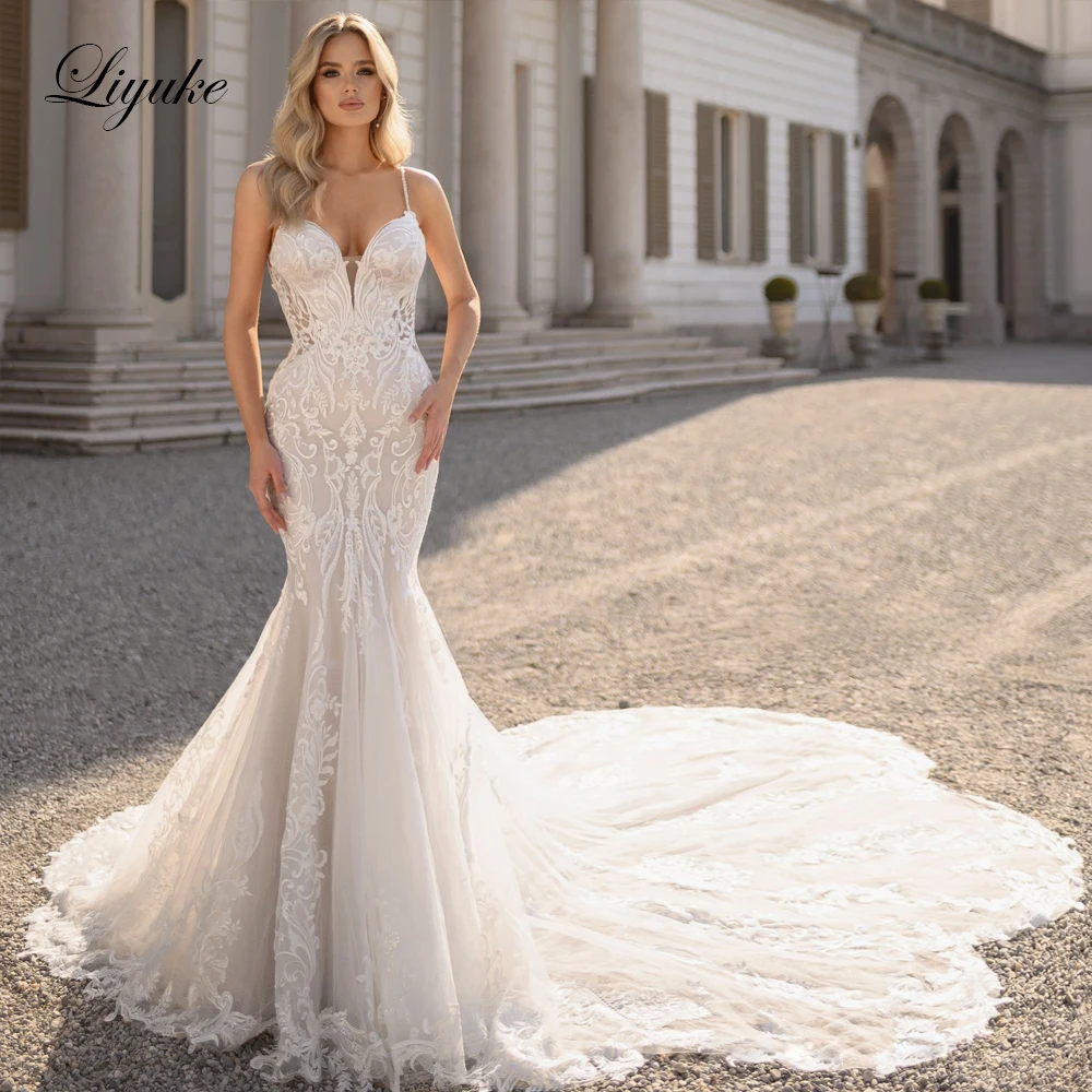 Liyuke Stunning Sweetheart Mermaid Wedding Dresses Impressing Beaded Pearls Spaghetti Straps Appliques Lace Bridal Gowns