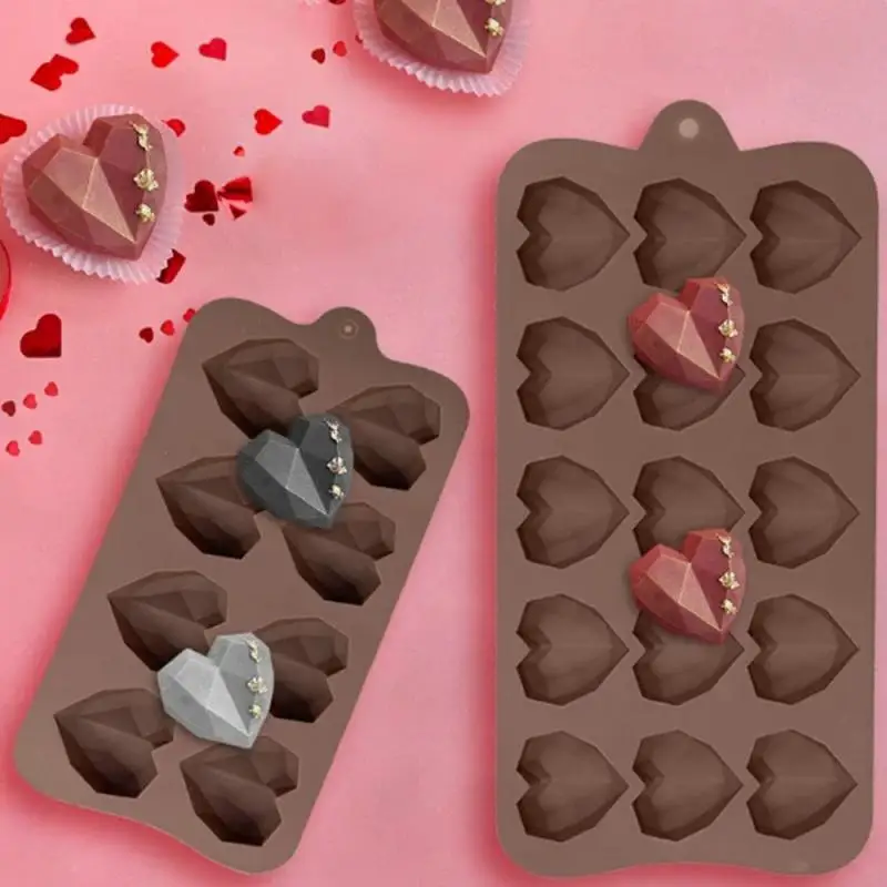 15/8 Cavity Diamond Heart Silicone Chocolate Mold 3D Heart Cake Accessories Molds DIY Ice Cubes Biscuit Pastry Baking Mould