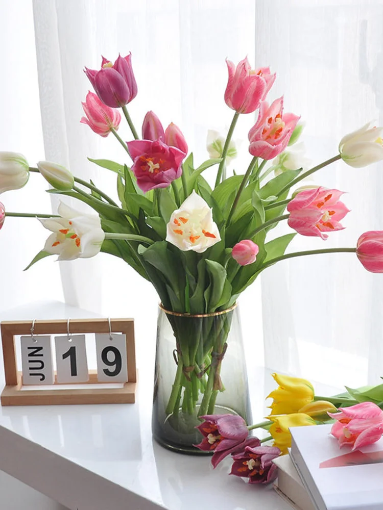 Fleur artificielle en silicone réaliste, tulipe, bouquet au toucher réel, 3 têtes, tulipe ouverte, fleur artificielle de haute qualité, décoration de mariage et de la maison