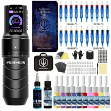 POSEIDON Kit de tatuagem profissional kit de caneta de tatuagem para maquiagem permanente kit de máquina de tatuagem fonte de alimentação sem fio kit de arma de tatuagem