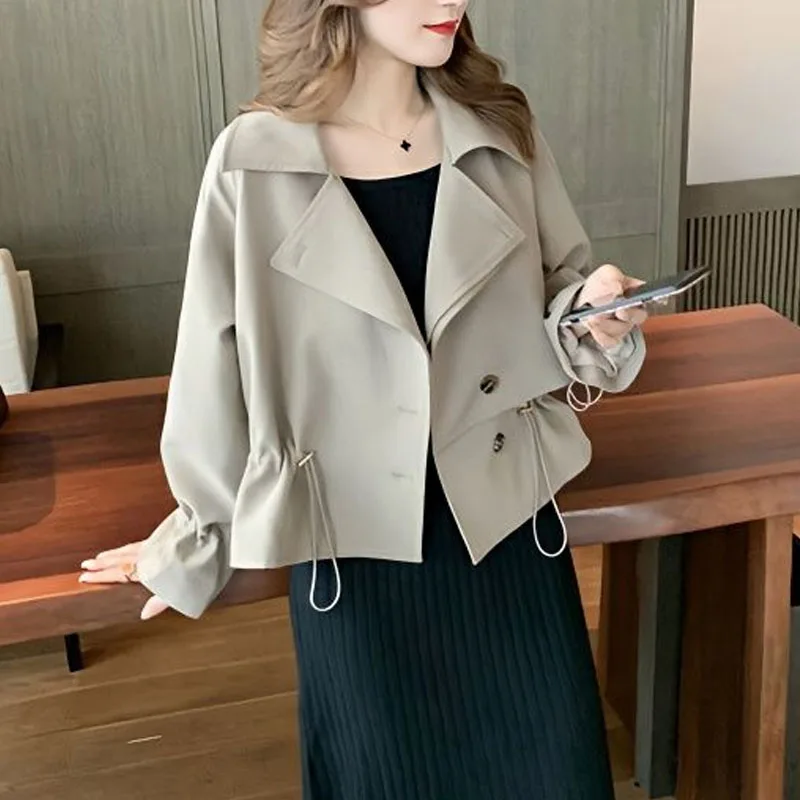 Autumn Fashion Korean Edition Drawstring Flip Neck Solid Color Short Small Windbreaker Loose and Versatile Western Style Coat