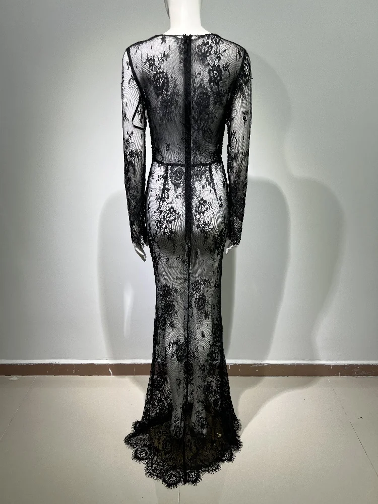 Women Celebrity Sexy V Neck Long Sleeve Lace See Through Black Elegant Evening Trumpet Party Maxi Dress